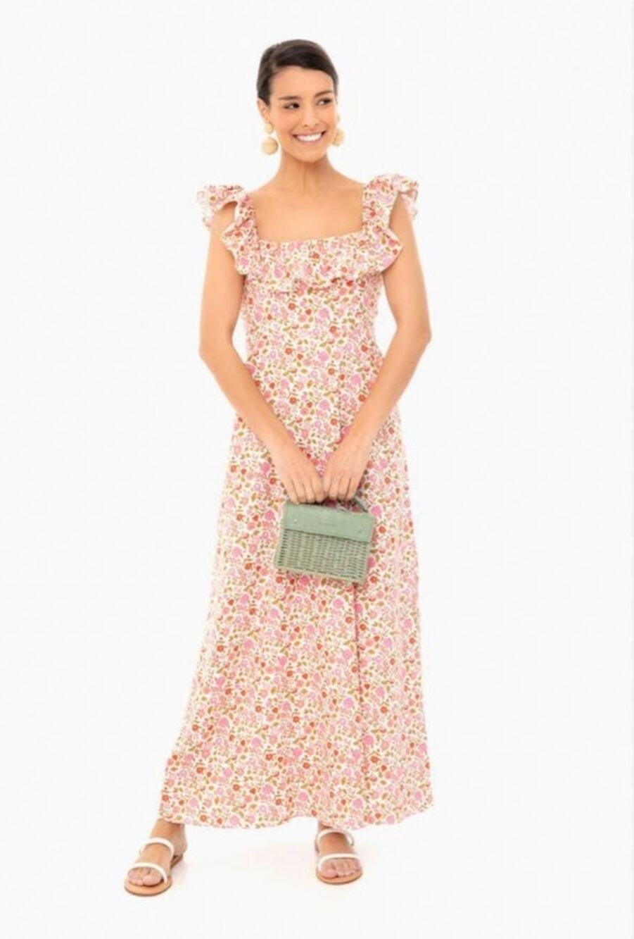 OPT Floral Ruffle Strap Maxi Dress Linen Blend‎ Cottagecore Prairie Small